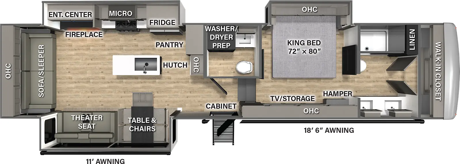 The Columbus 383RLH has one entry and three slide outs. Exterior features include: fiberglass exterior and 11' & 18'6" awning. Interiors features include: kitchen island, free-standing dinette option, rear living and bathroom and a half.